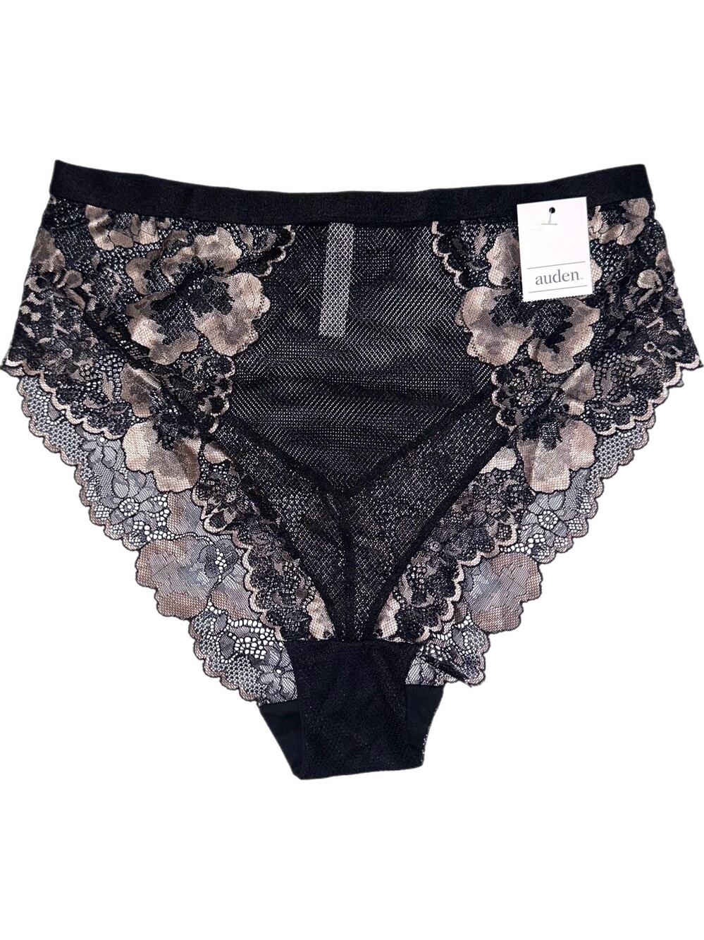 NWT Auden Black Floral Mesh Lace High Waisted High Leg Brief Panty Size L